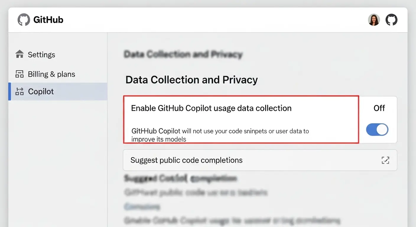 GitHub Copilotの組織設定画面で、学習データ収集を無効化する設定がオンになっているスクリーンショット。