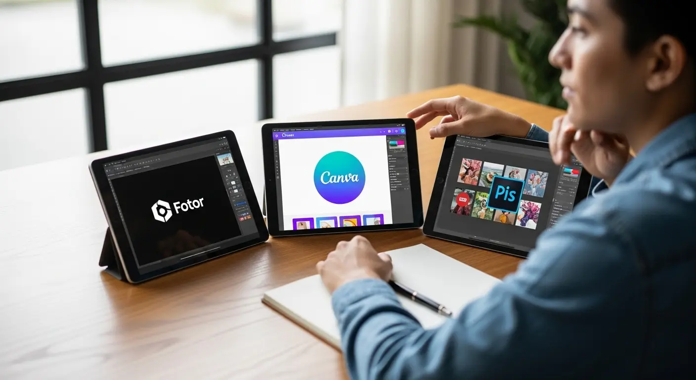 Fotorを含む画像編集ツールの機能性、安全性、価格を比較検討するユーザー。