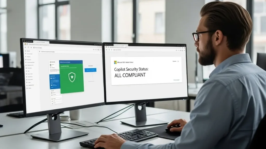 IT管理者がCopilot for Microsoft 365のセキュリティとコンプライアンスダッシュボードを自信を持って管理している様子