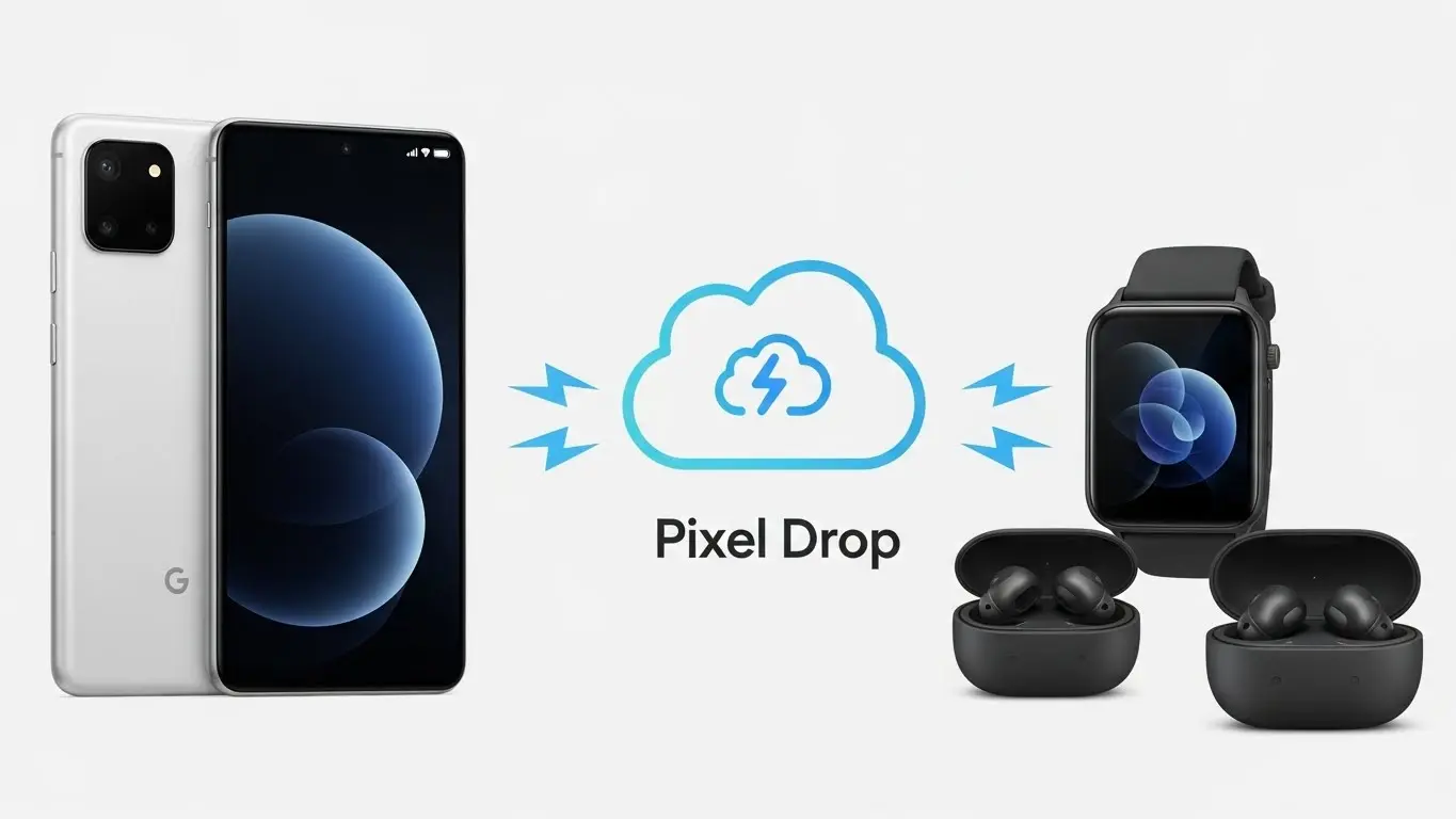 Pixel DropがGoogle Pixel スマートフォン、Watch、Budsなどのエコシステム全体にアップデートを配信する様子を示す図