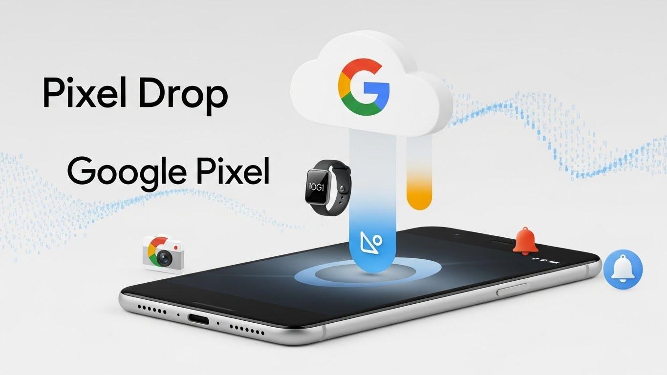 Google Pixelの「Pixel Drop」による新機能とアップデートの流れを示すモダンな画像