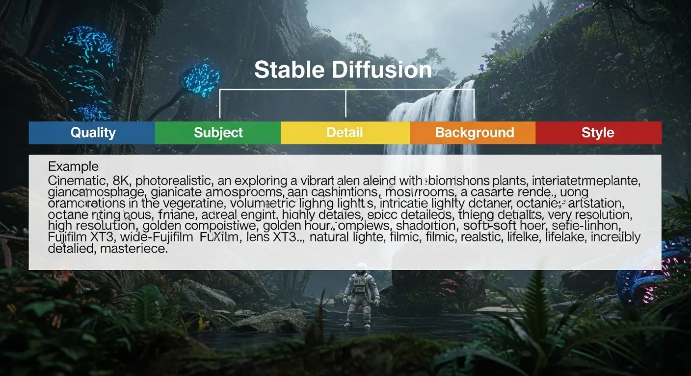 プロンプトの構成要素(品質、被写体、詳細、背景、画風)を色分けした図。