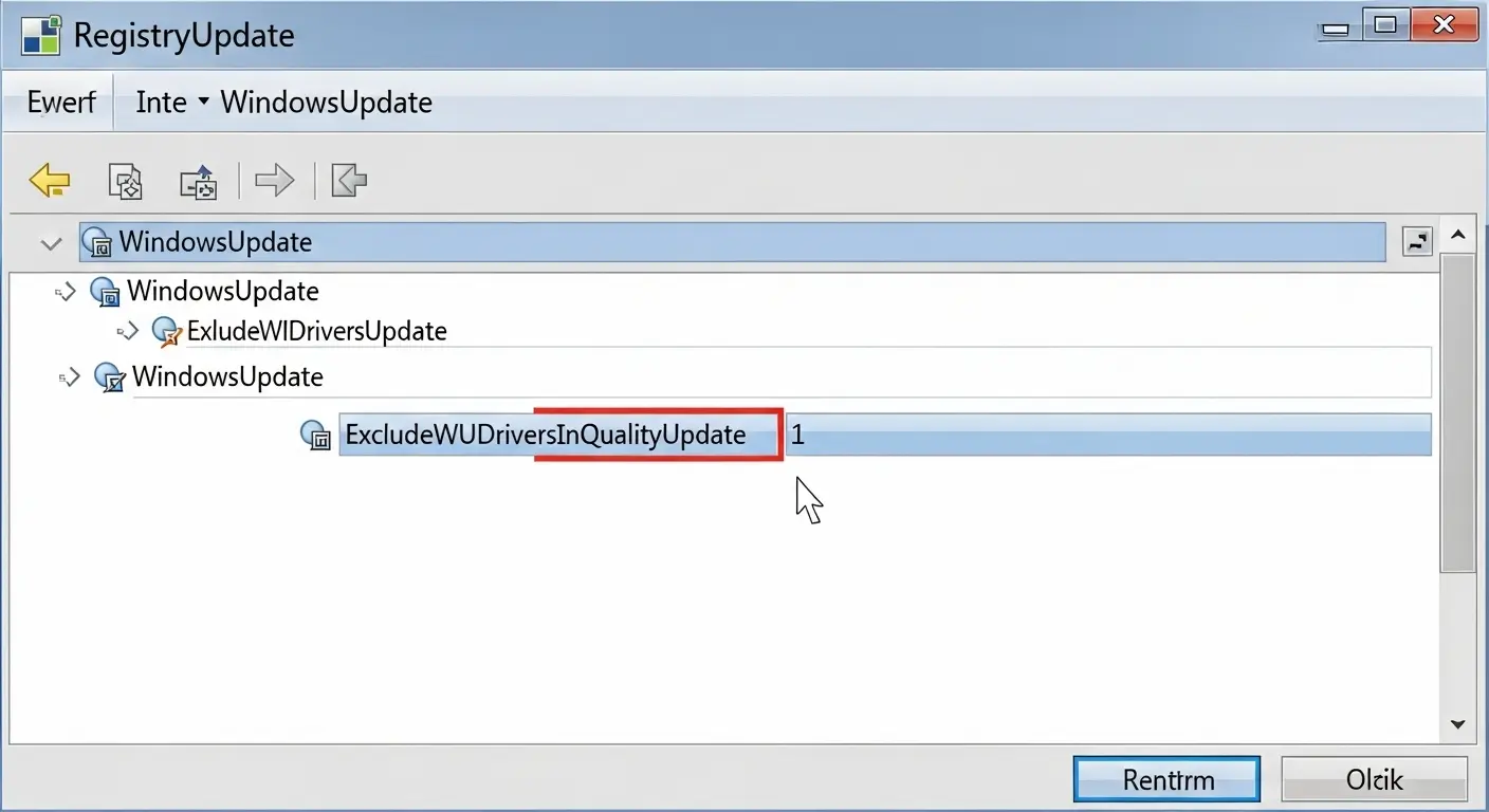 レジストリエディターで、ExcludeWUDriversInQualityUpdateのDWORD値を「1」に設定した画面。