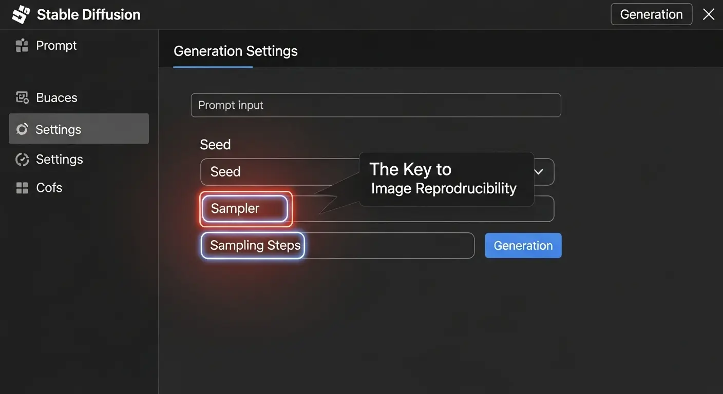 Stable Diffusionで同じ画像を再現するために重要なシード値、サンプラー、ステップ数の設定箇所。