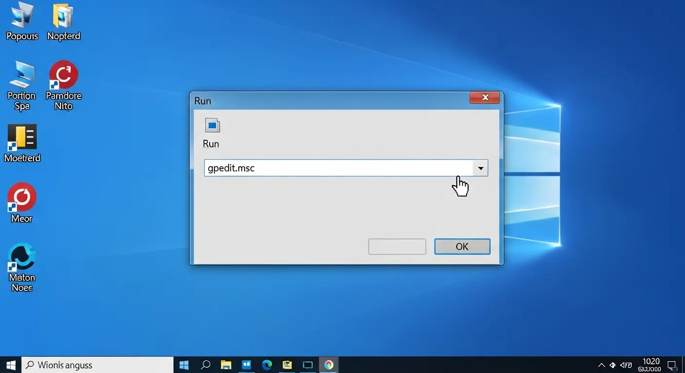 Windowsの「ファイル名を指定して実行」ダイアログボックスに「gpedit.msc」と入力された画面。