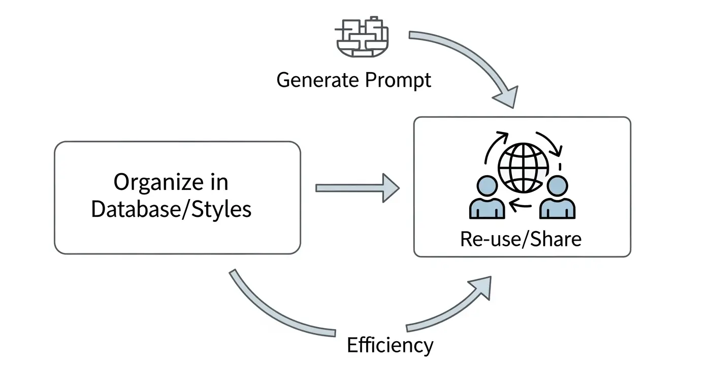 Stable Diffusionのプロンプト保存・再利用の効率的なワークフロー図。