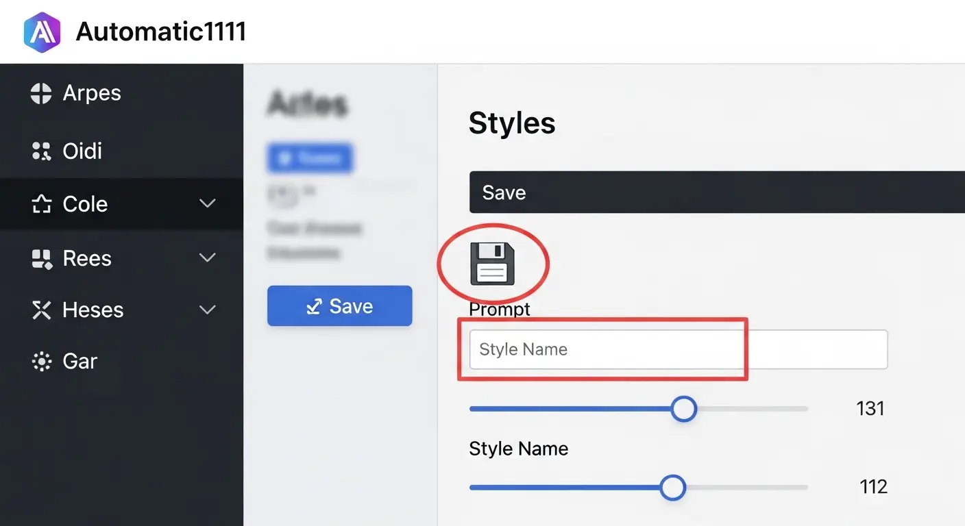 Stable DiffusionのStyles機能でプロンプトを保存する操作画面。