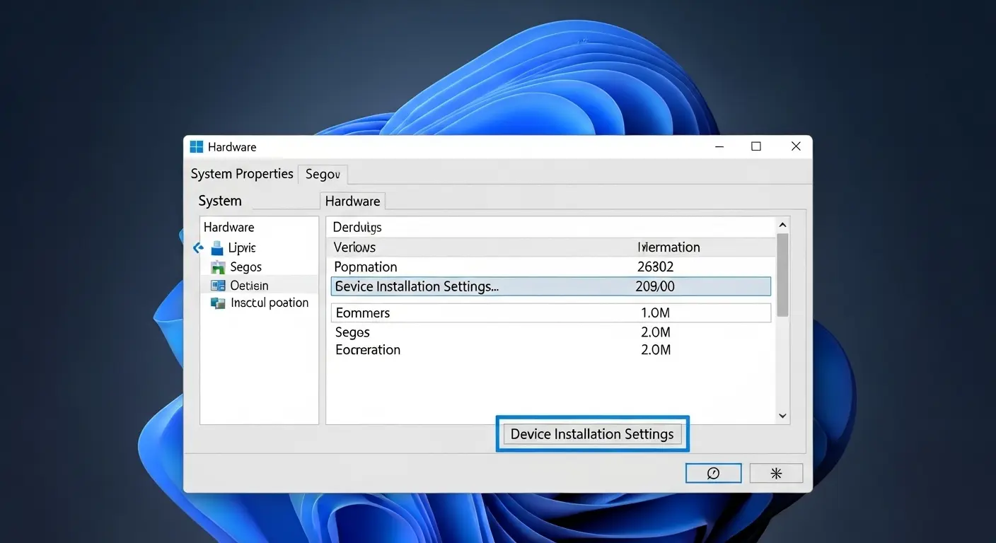 Windows 11のシステムのプロパティ画面で、「ハードウェア」タブと「デバイスのインストール設定」ボタンを強調。