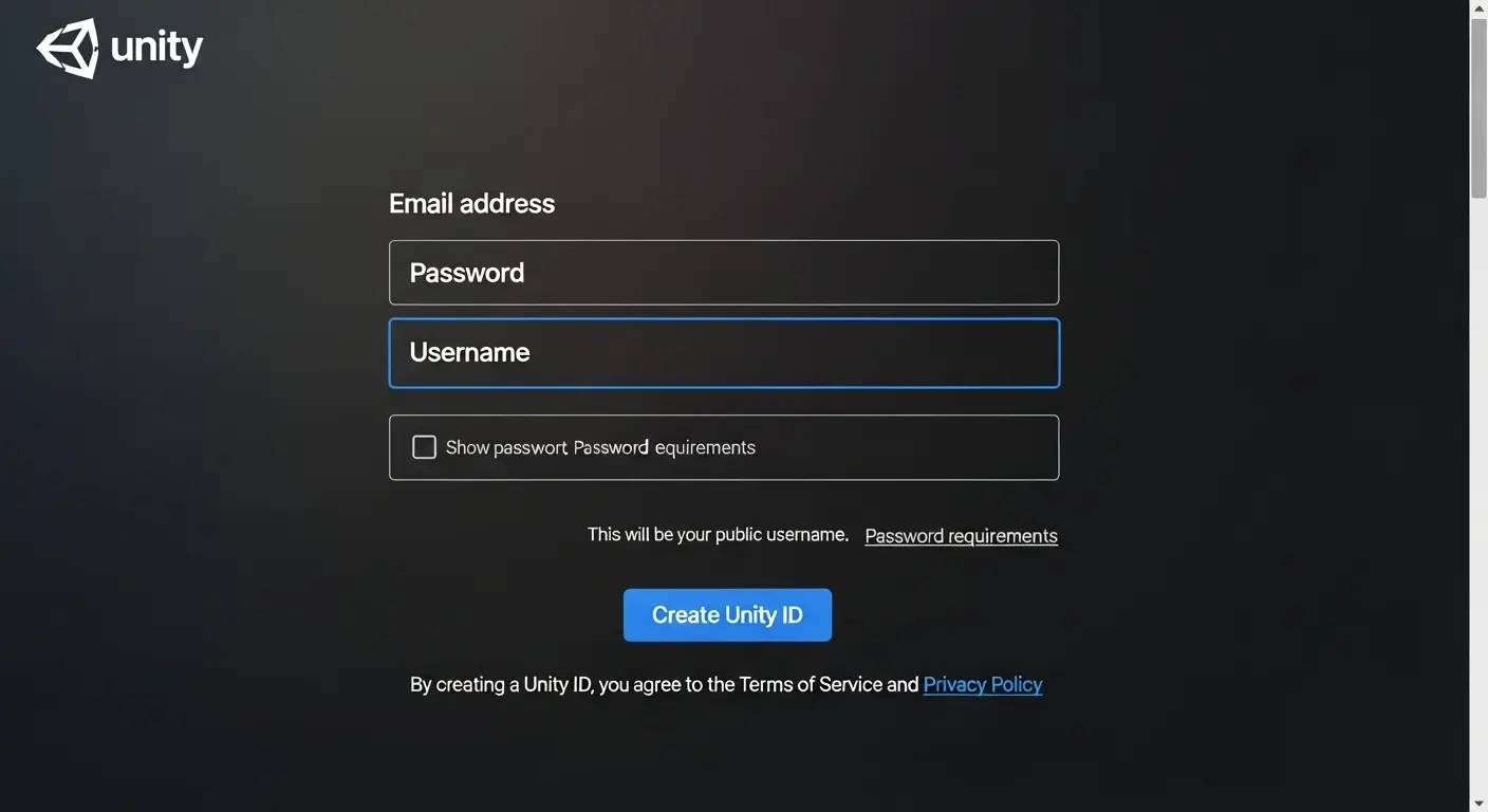 Unityアカウント作成に必要なメールアドレスとパスワードの入力フォーム。