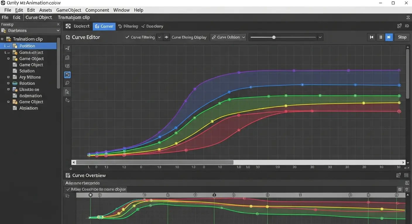 Unityアニメーションエディタ内で、カーブエディタが表示され、プロパティの変化が曲線で調整されている。