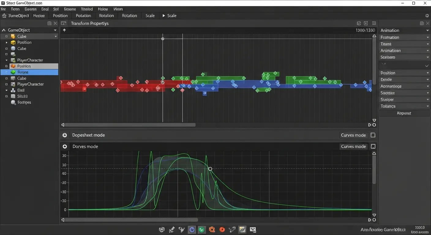 Unityアニメーションエディタのタイムライン上に、Transformプロパティにキーフレームが配置されている。