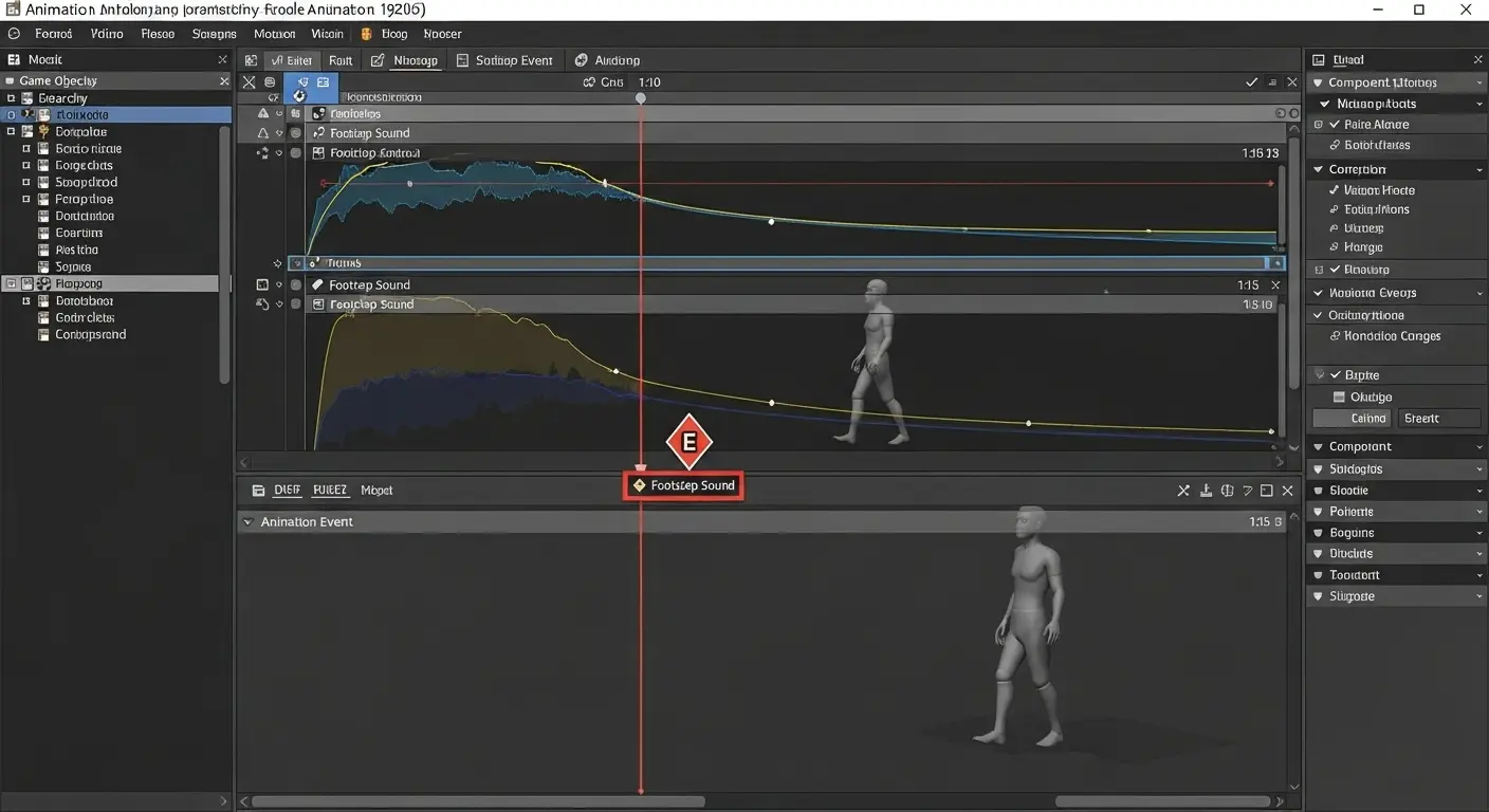 Unityアニメーションエディタのタイムライン上に、関数をトリガーするためのアニメーションイベントマーカーが配置されている。
