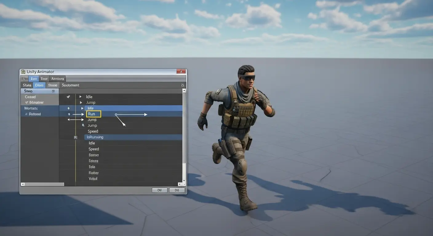 Unityエディタ内で、3Dキャラクターが動き、Animatorのステートマシンが表示されている。