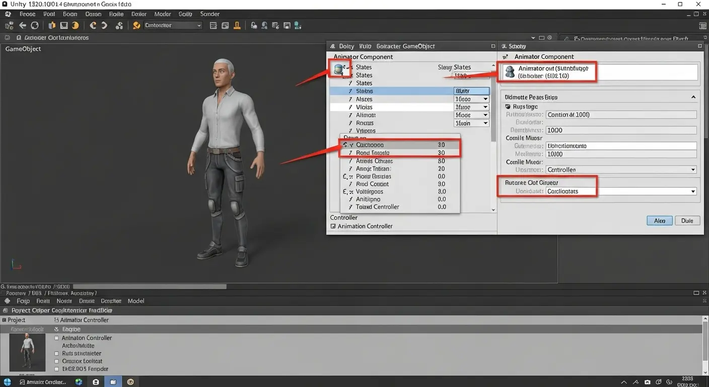 UnityのインスペクターウィンドウにAnimatorコンポーネントがアタッチされた3Dキャラクター。
