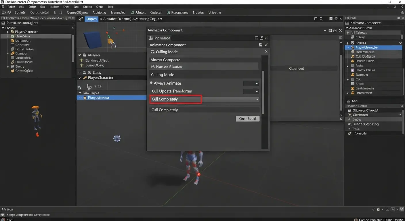 UnityのインスペクターでAnimatorコンポーネントのカリングモード設定のドロップダウンメニュー。