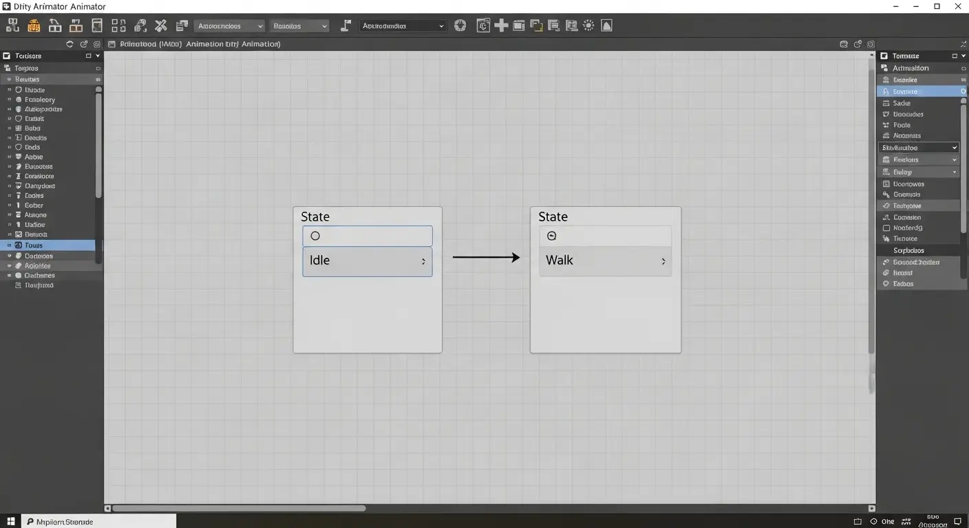 UnityのAnimatorウィンドウで、IdleとRunの二つのステートが遷移の矢印で繋がっている。