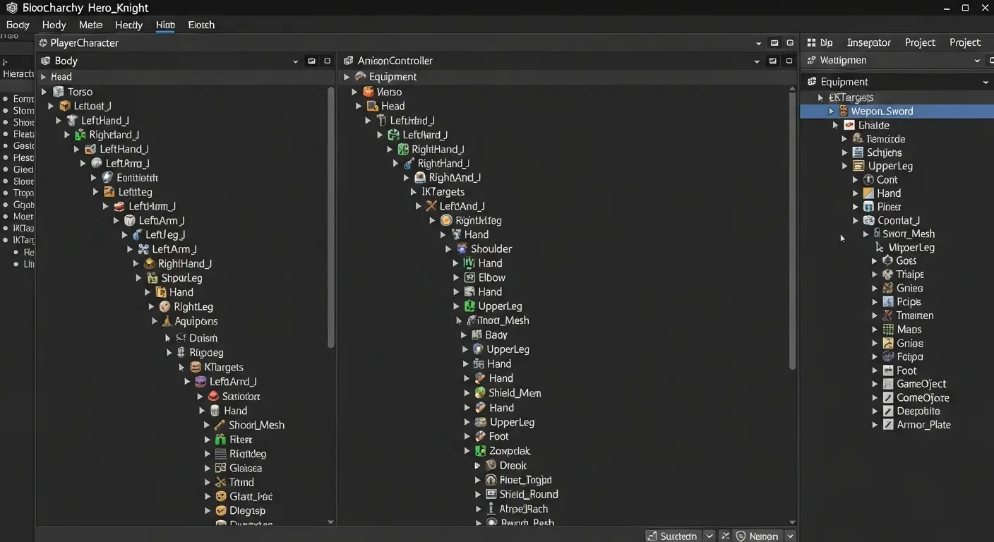 UnityのHierarchyウィンドウで、キャラクターオブジェクトの階層構造が整理されている。