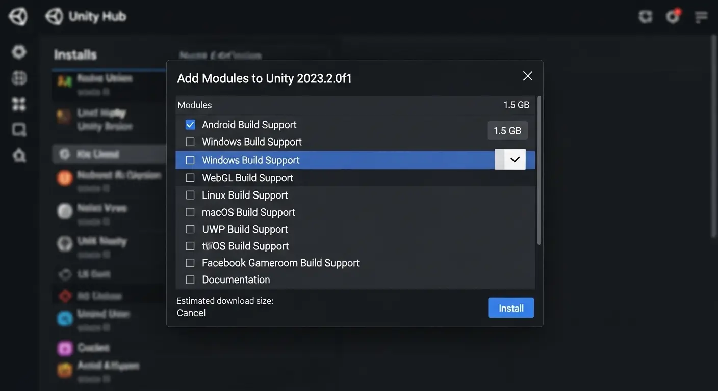 Unity Hubのインストール一覧で歯車マークのモジュール追加ボタン。