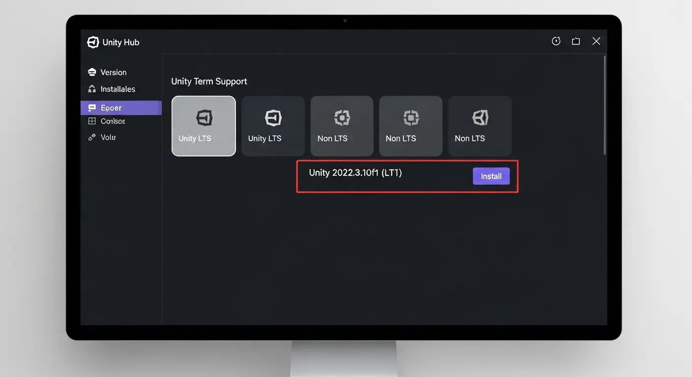 Unity Hubのインストール画面でLTS版が選択され、インストールボタンが表示されている。