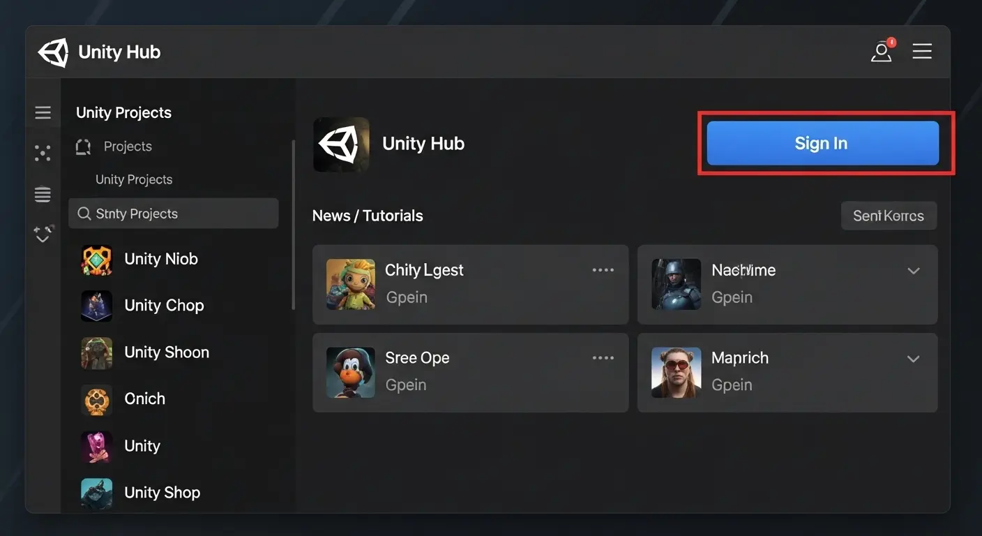 Unity Hubの画面右上にあるサインイン/ログインボタン