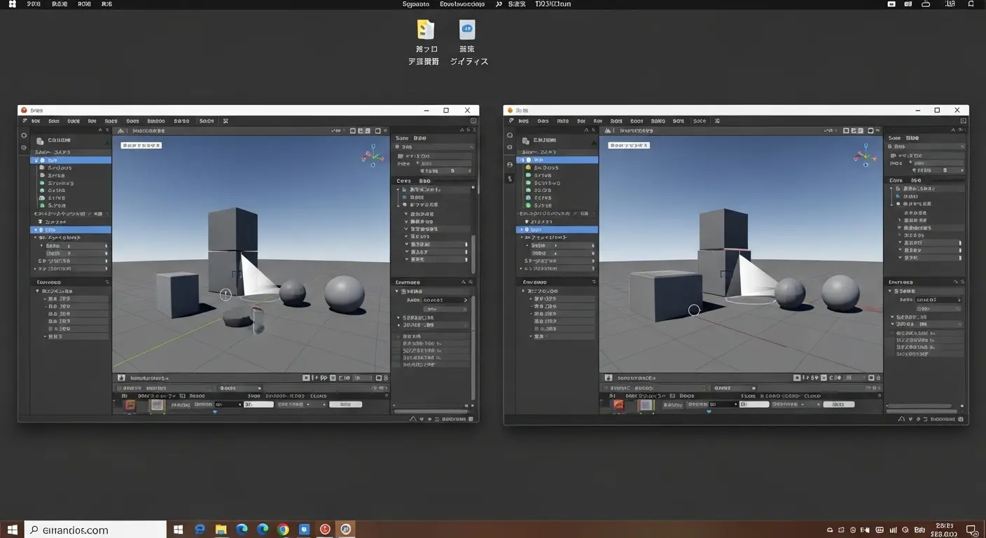 Unity EditorがWindowsとMacの両方で日本語表示されている比較画面。
