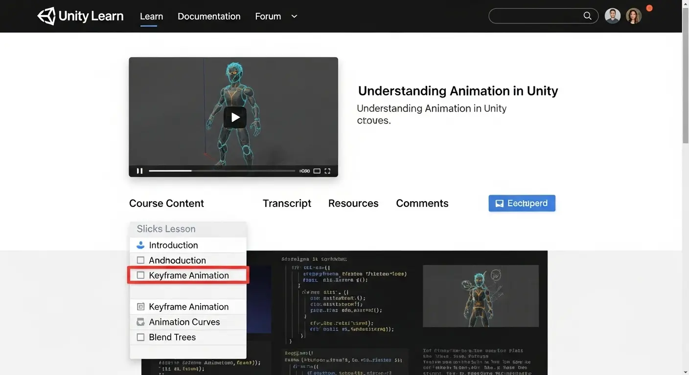 Unity Learnのウェブサイトで、アニメーションに関するチュートリアルページが開かれている。