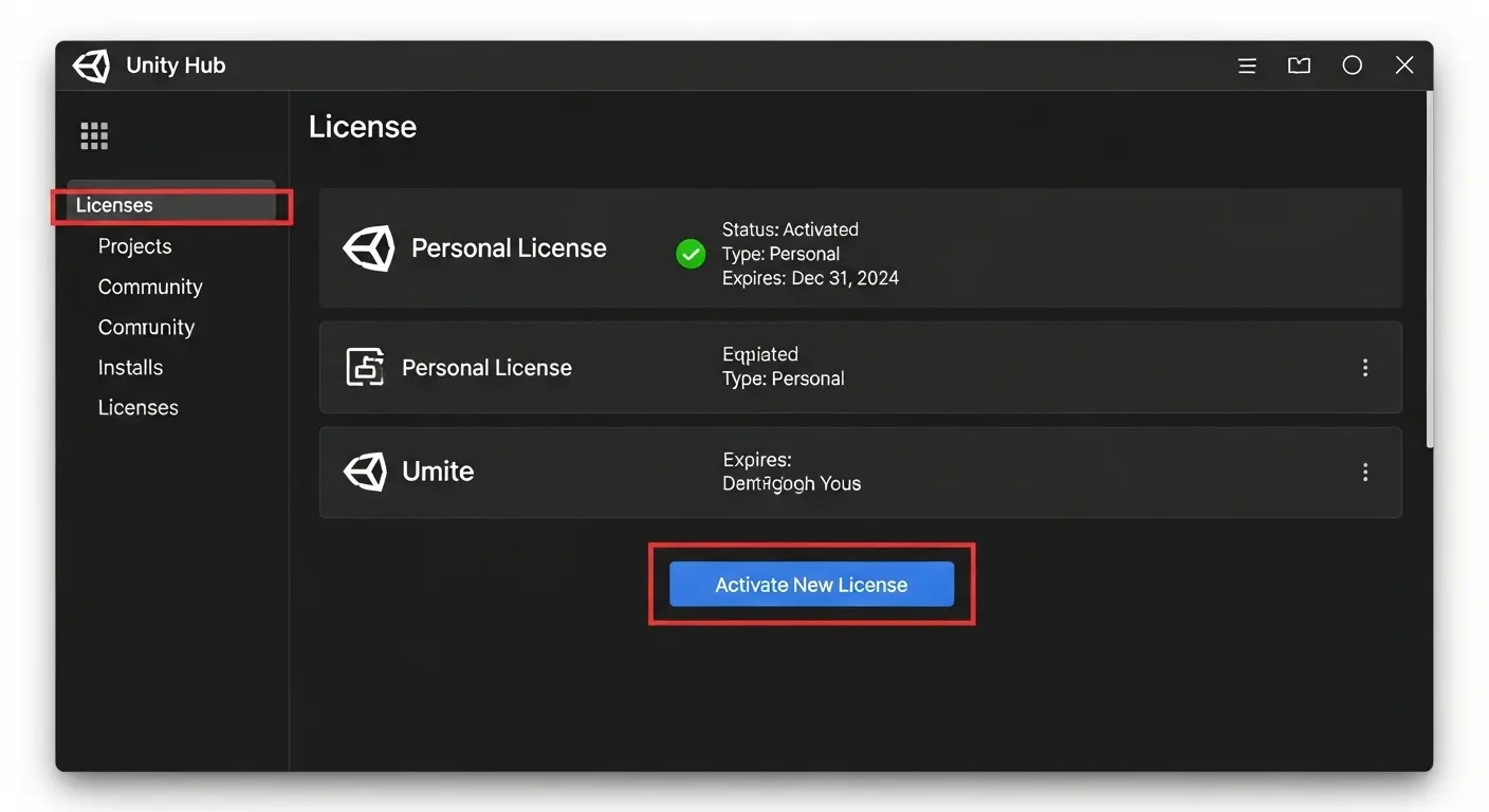 Unity Hubでライセンス認証を行い、Personalライセンスが有効化された画面。