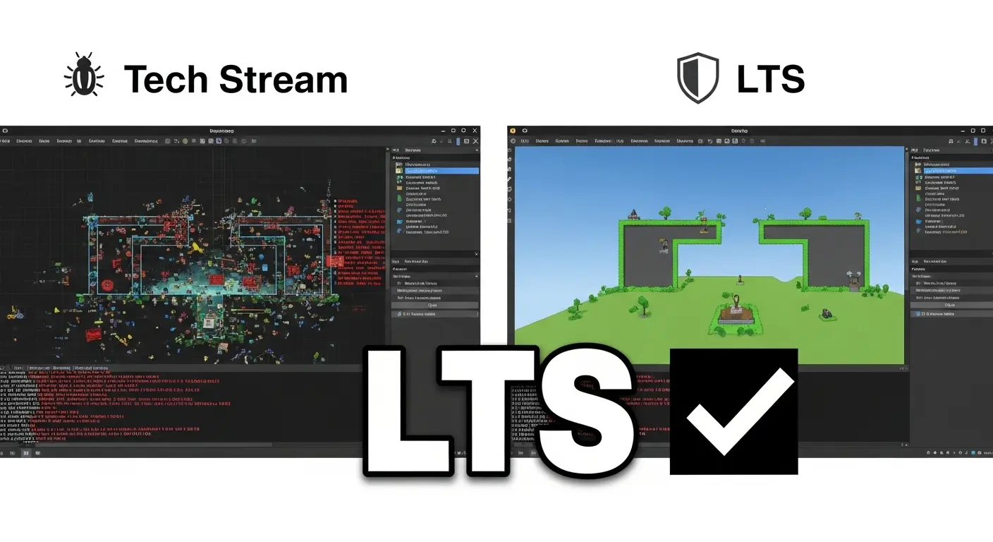 Unityの技術ストリーム版とLTS版の安定性を対比させたイラスト。LTSの盾のアイコンが目立つ。
