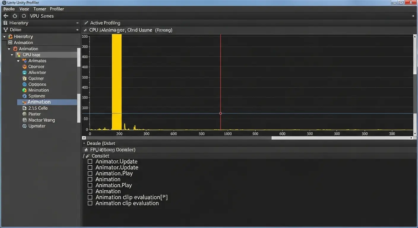Unityのプロファイラーウィンドウが実行され、CPU使用率の高い部分としてアニメーションセクションが表示されている。
