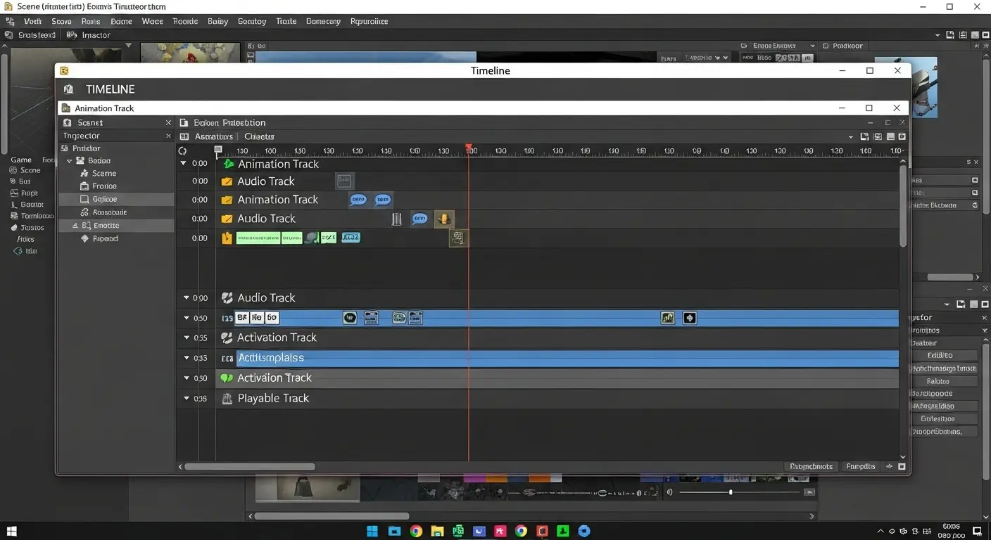 Unityのタイムラインウィンドウで、複数のトラックがカットシーンのために同期されている。
