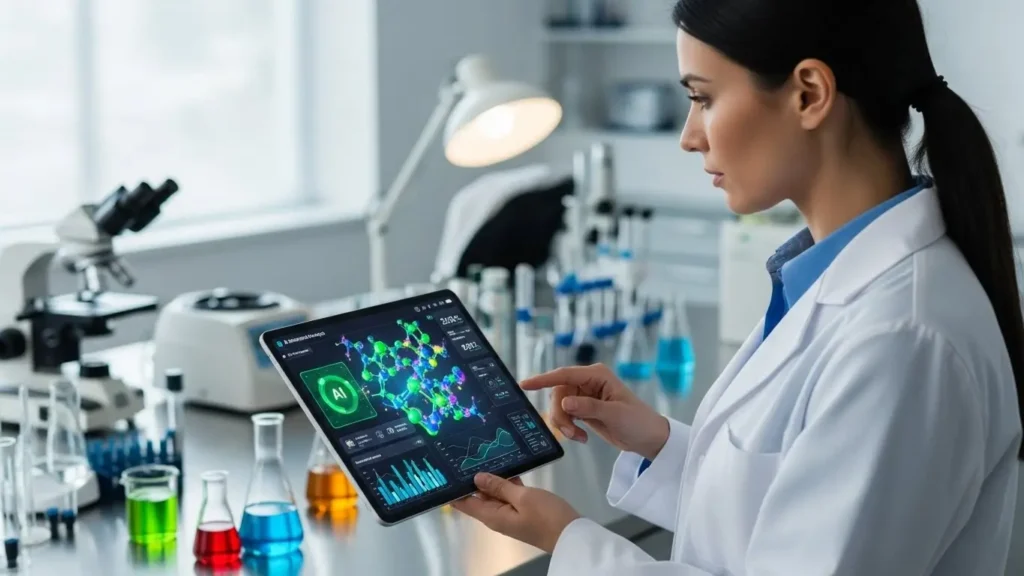 医療現場でのAIによるデータ分析と論文要約の様子