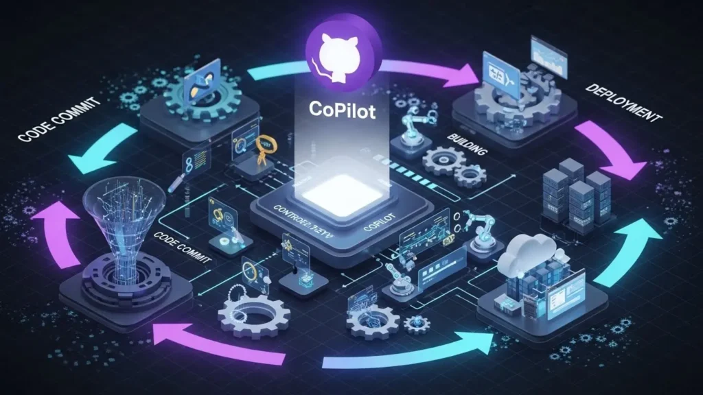 GitHub CopilotとCI/CDパイプラインの統合イメージ