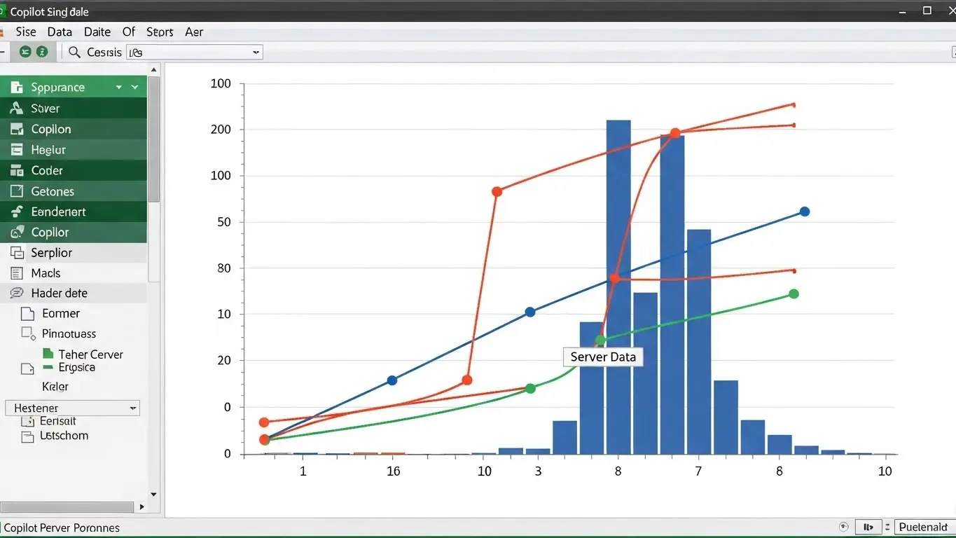 Excelインターフェースで、サーバー稼働データに関する自然言語の指示により、Copilotが複雑なデータ傾向グラフを自動生成している様子