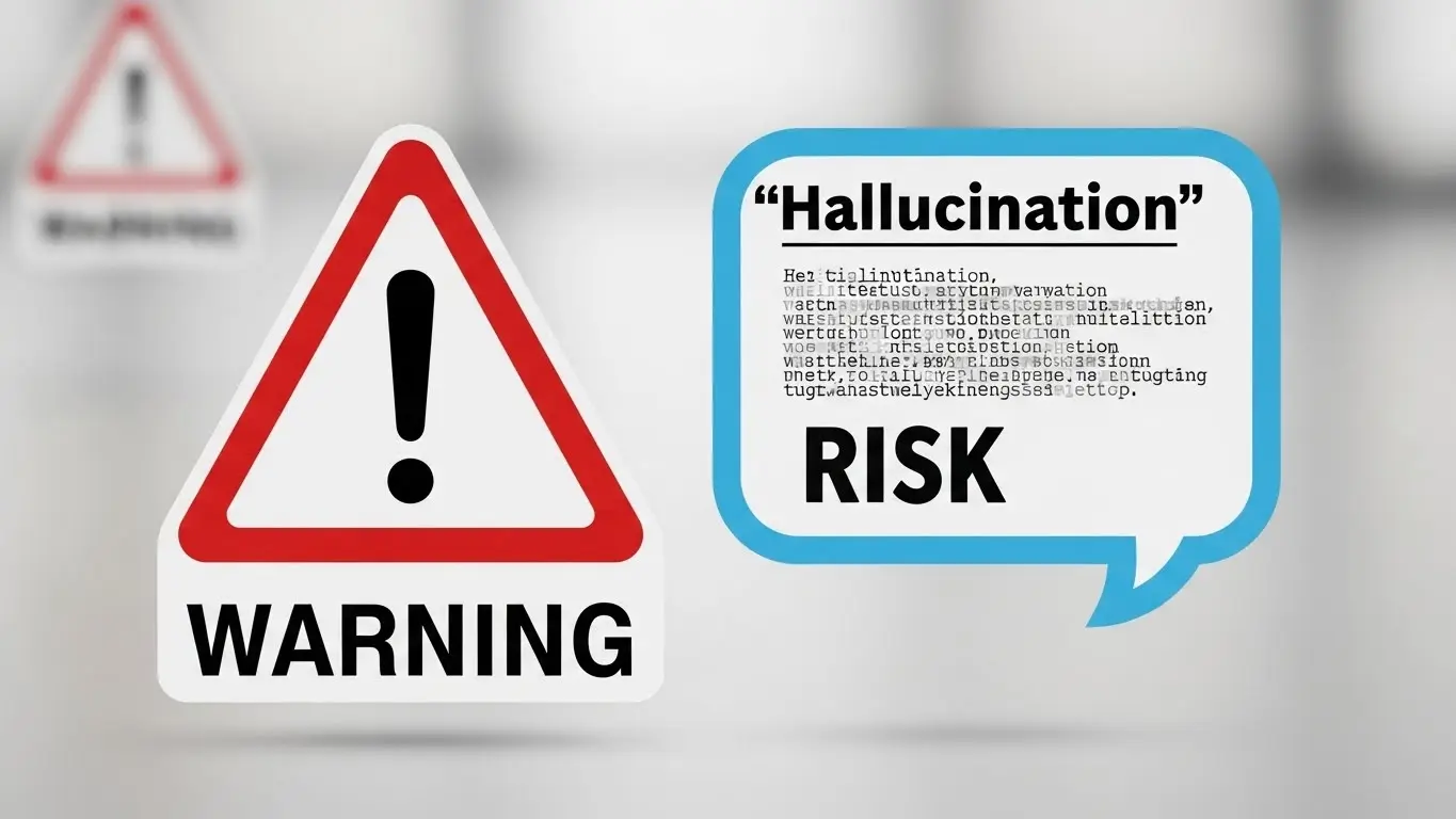 AIの応答における「ハルシネーション」（誤情報）のリスクを象徴する、警告サインとチャットバブルの画像