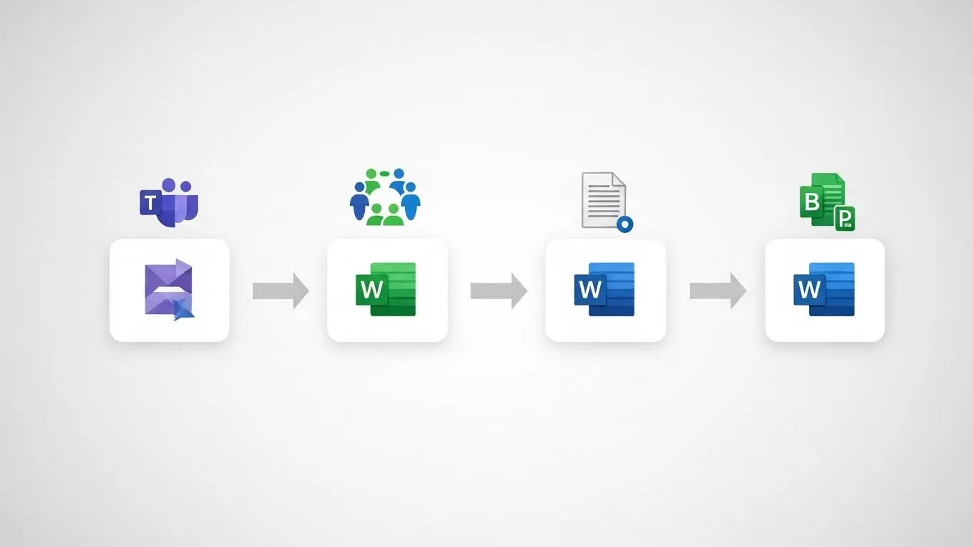 Teams会議から最終的なPowerPointプレゼンテーション作成まで、Copilotが複数のアプリを横断して実行するシームレスなワークフロー図