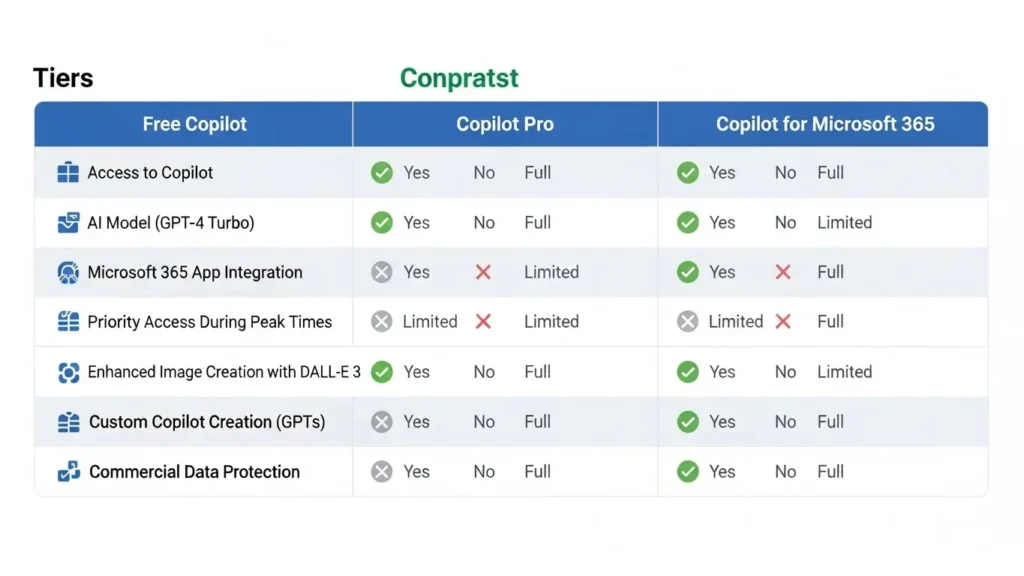 無料版Copilot、Copilot Pro、Copilot for Microsoft 365の機能と料金を比較した図