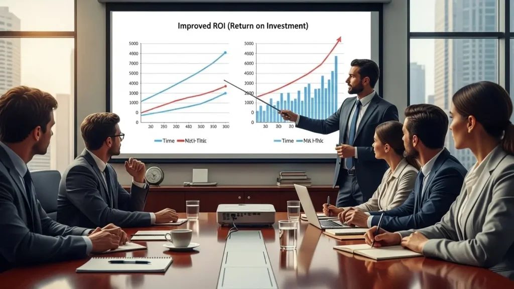 企業がAI PC導入による投資効果を検討するシーン