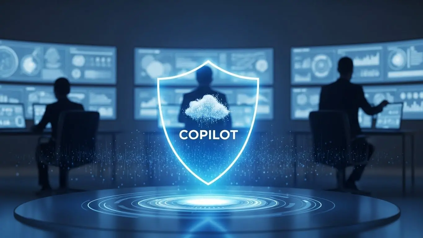 Copilot Enterpriseのセキュリティとデータ保護を象徴するホログラムシールドのイメージ