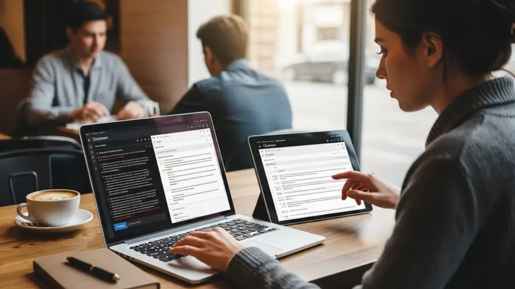 外出先で多言語対応の仕事をこなすクリエイター