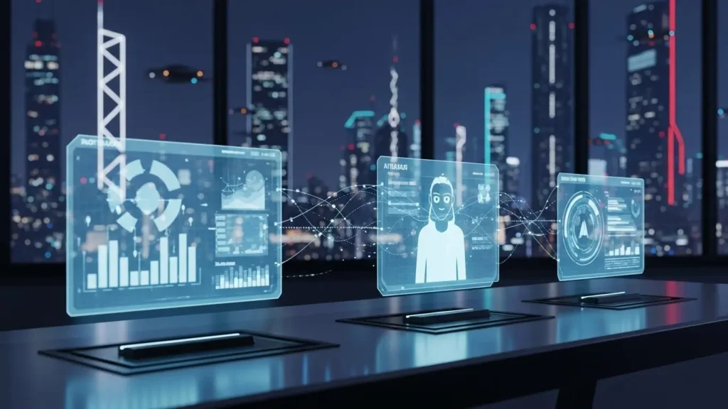 ビジネスシーンでAIと対話しながら作業を進める未来のデスクトップ画面