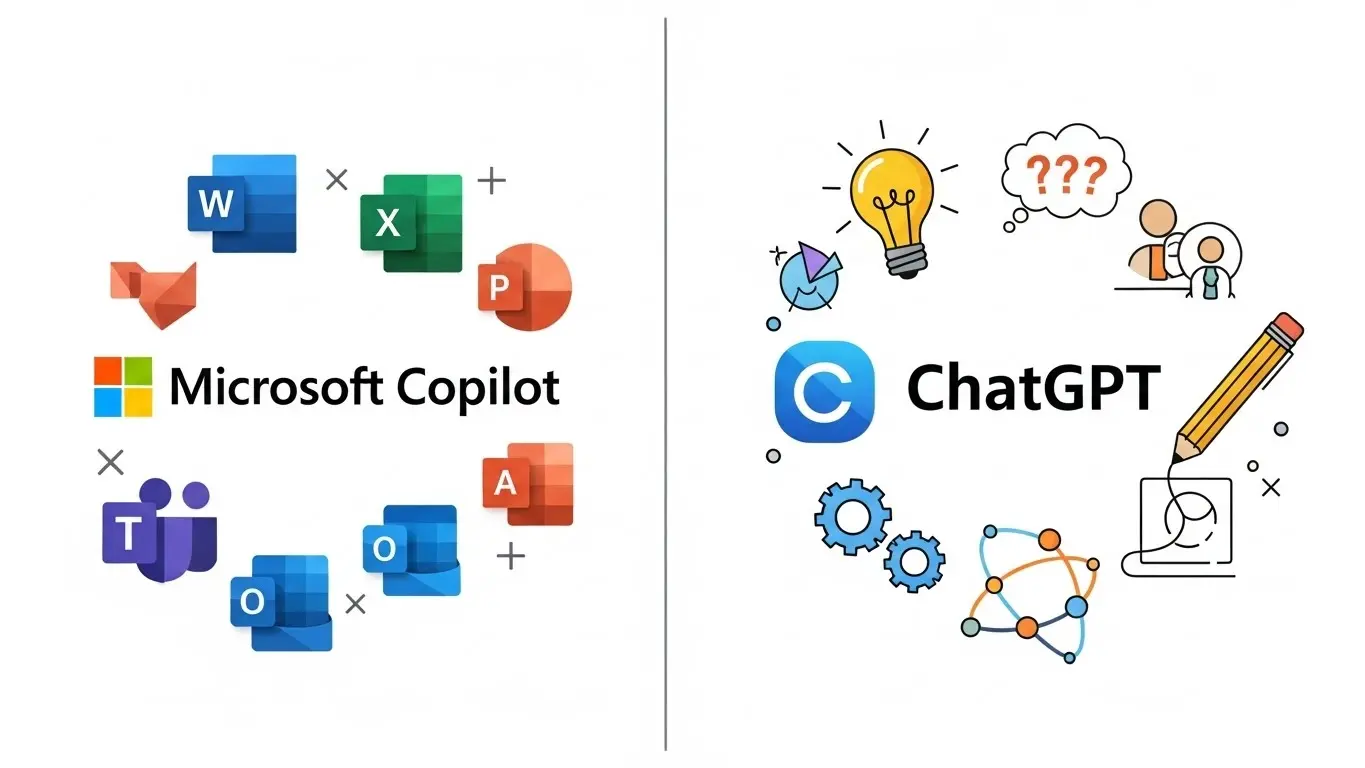 Microsoft CopilotとChatGPTのロゴと利用シーンを対比させたメインアイキャッチ画像