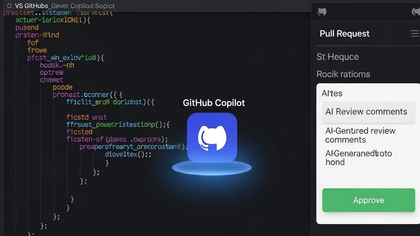 GitHub Copilotがプルリクエストのコードレビューを支援しているイメージ図