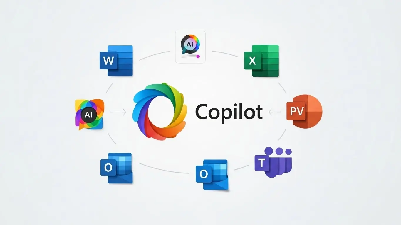 Microsoft Copilotのロゴを中心に、Microsoft 365アプリ（Word, Excel, PowerPoint, Teams, Outlook）と連携しているイメージ図