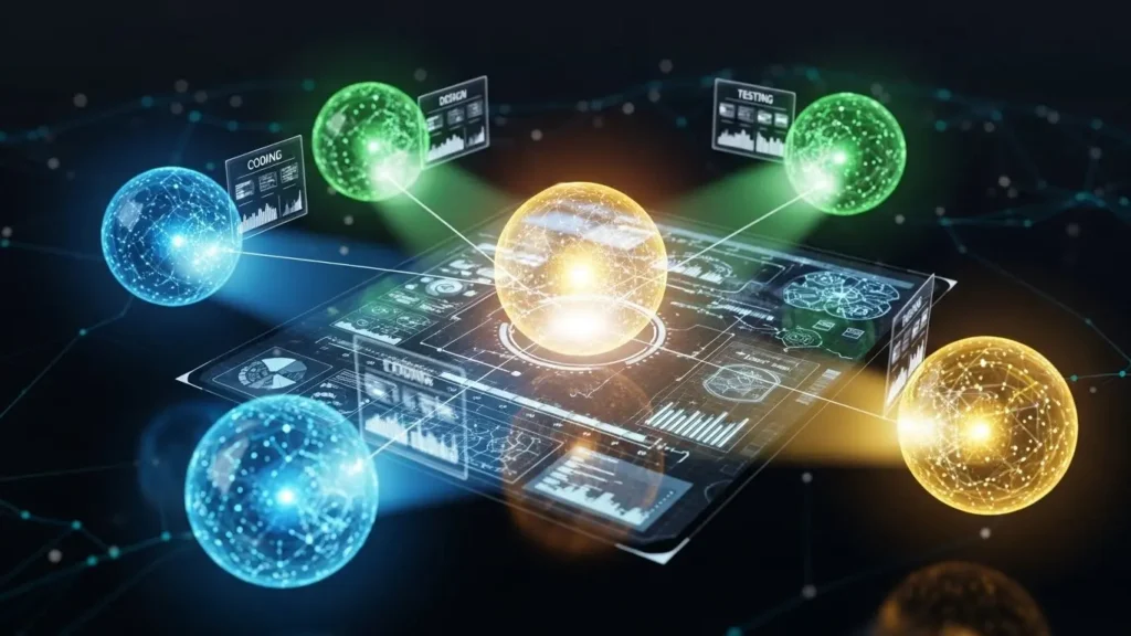 複数のAIエージェントが連携してタスクを遂行する未来のイメージ