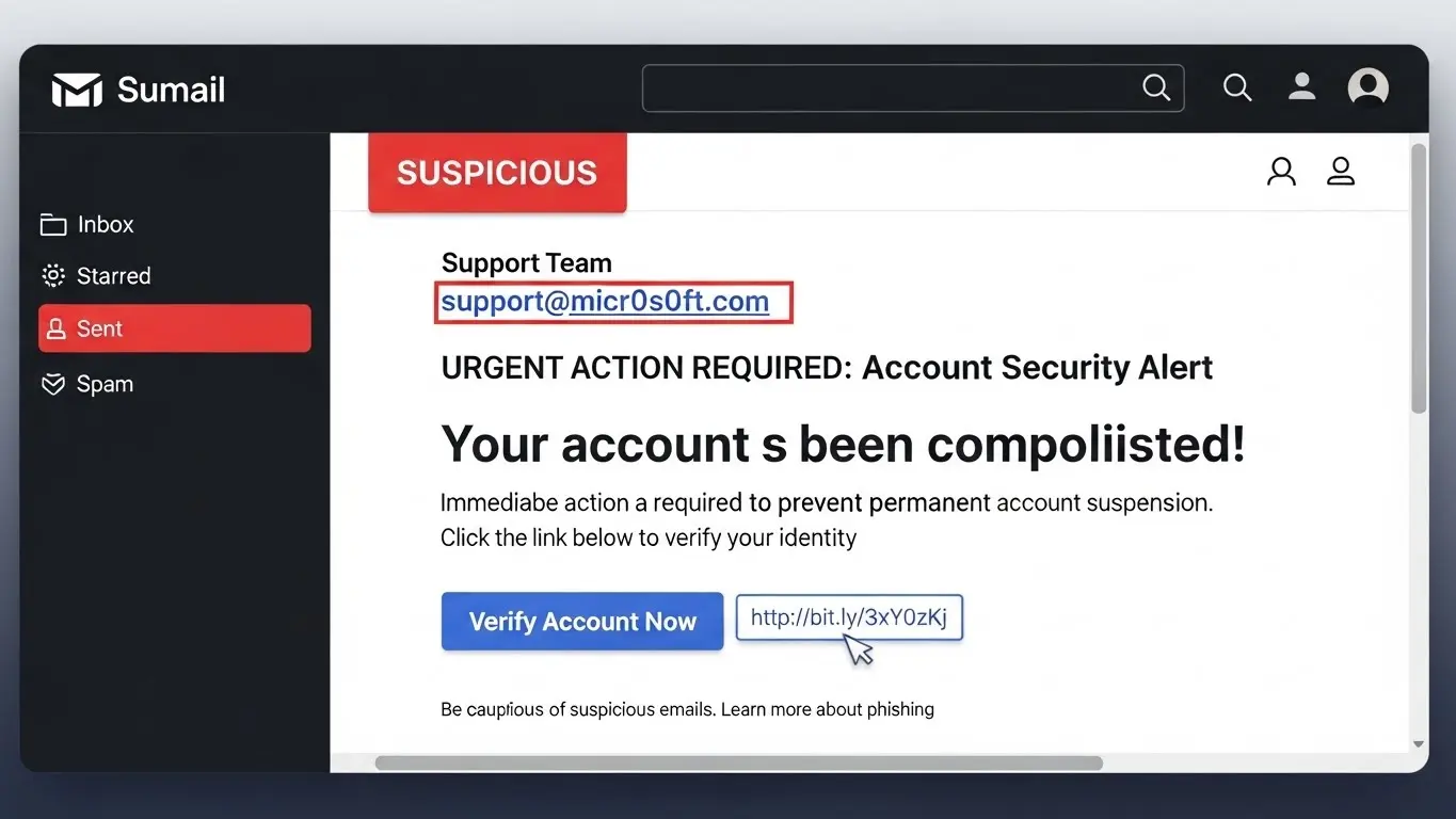 フィッシングメールの例と、差出人、不自然な文面、URLの怪しい箇所を強調した表示