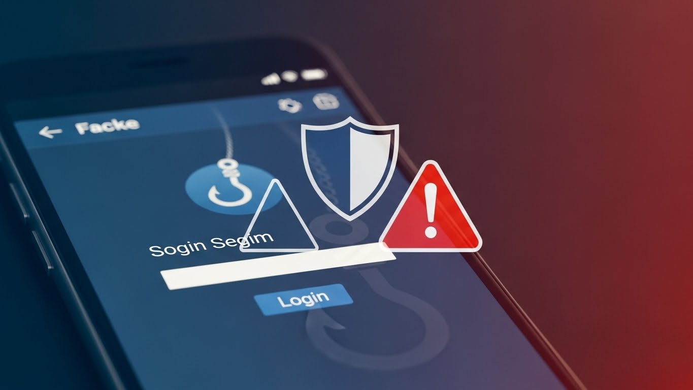 スマートフォンに表示されたフィッシング詐欺の警告画面。盾のアイコンと危険を示す三角形が重ねられている。