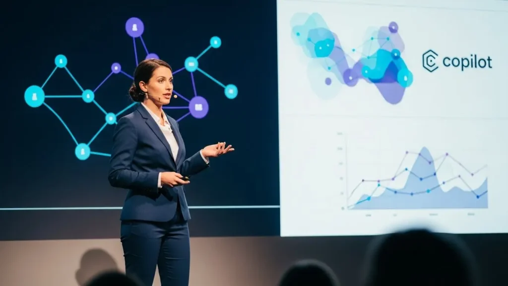 AIが作成した資料でプレゼンを行う登壇者の様子