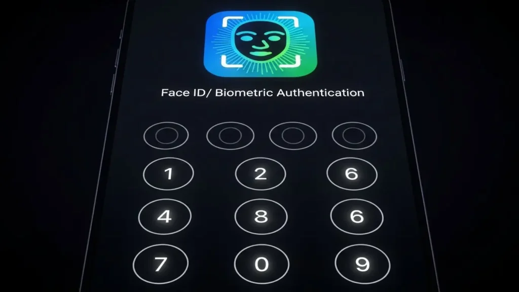指紋認証や顔認証などの生体認証機能が有効になっているスマートフォンのロック画面