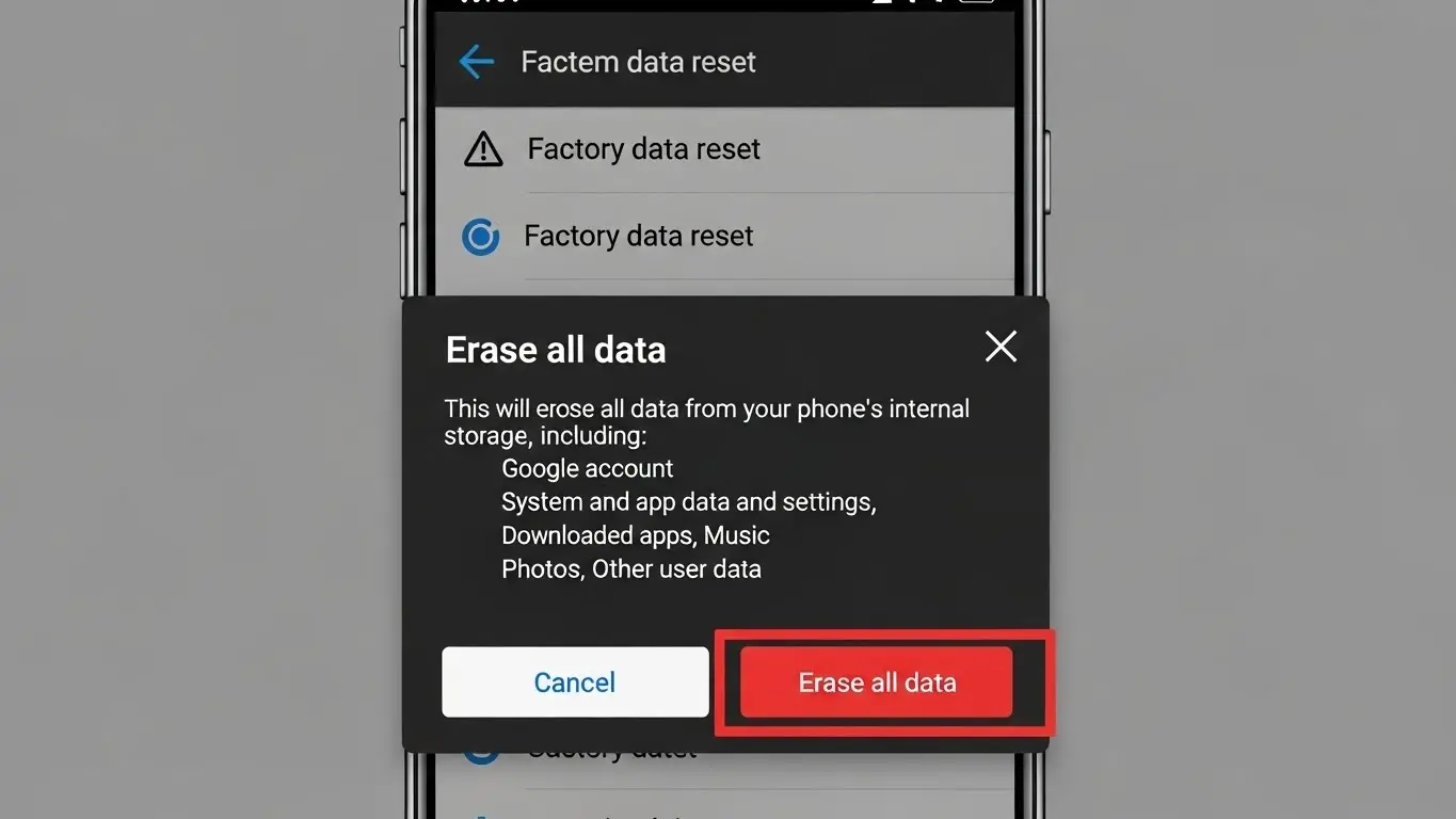 スマートフォンを工場出荷状態にリセットする際のデータ消去の警告画面
