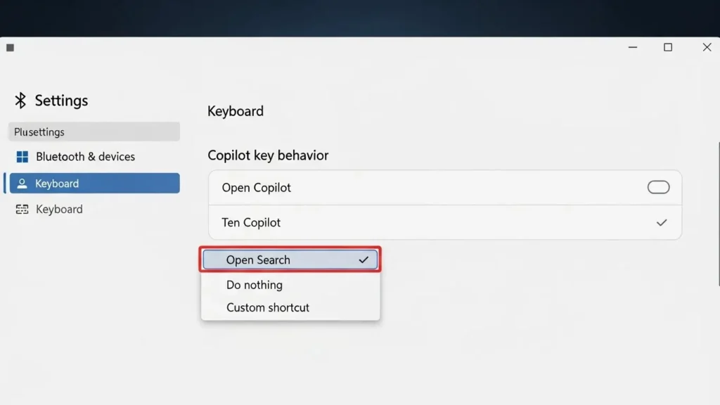 Windows 11の設定画面でCopilotキーの役割を変更する操作画面